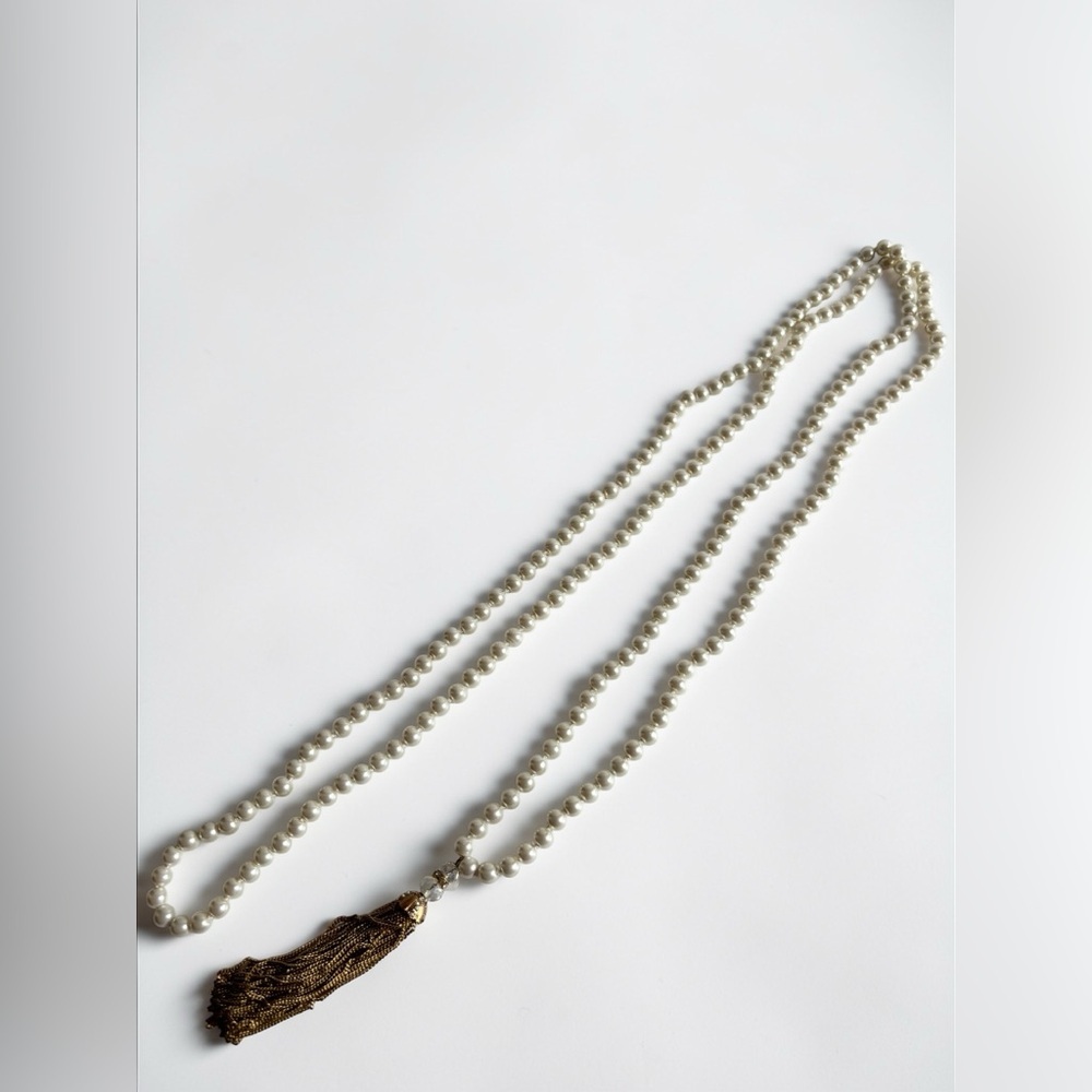 Vintage Pearl Tassel Necklace Long Strand Gold Tone